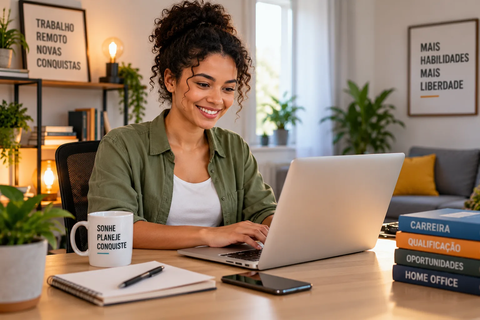 Profissional trabalhando em home office com notebook em ambiente organizado.